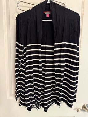 Vince Camuto Black and White Striped Open Cardigan